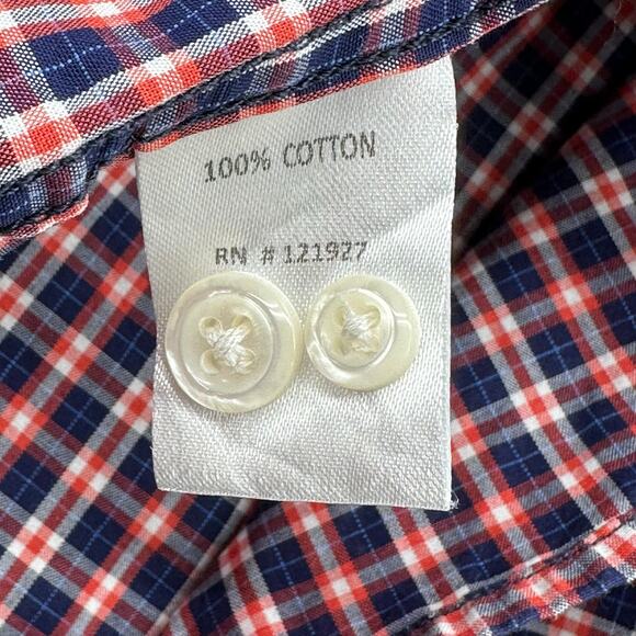 Johnnie O Shirt Mens Medium Red Blue Plaid Button Up 100% Cotton Casual Preppy - Picture 4 of 5